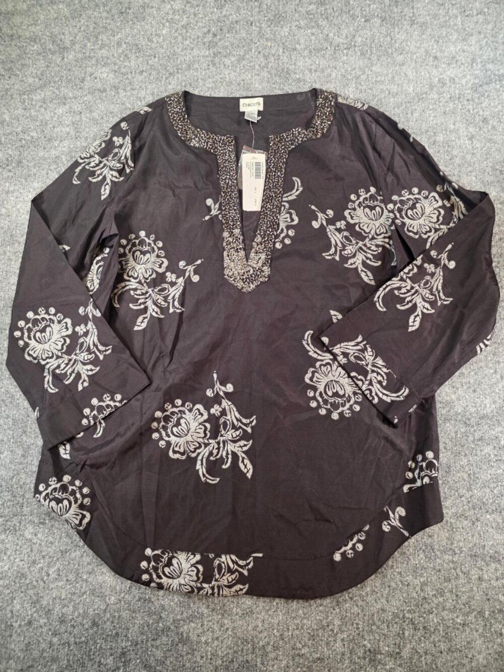 NEW Chicos Silk Tunic Blouse Kimono Black Silver Flowers Beaded Embroidered L
